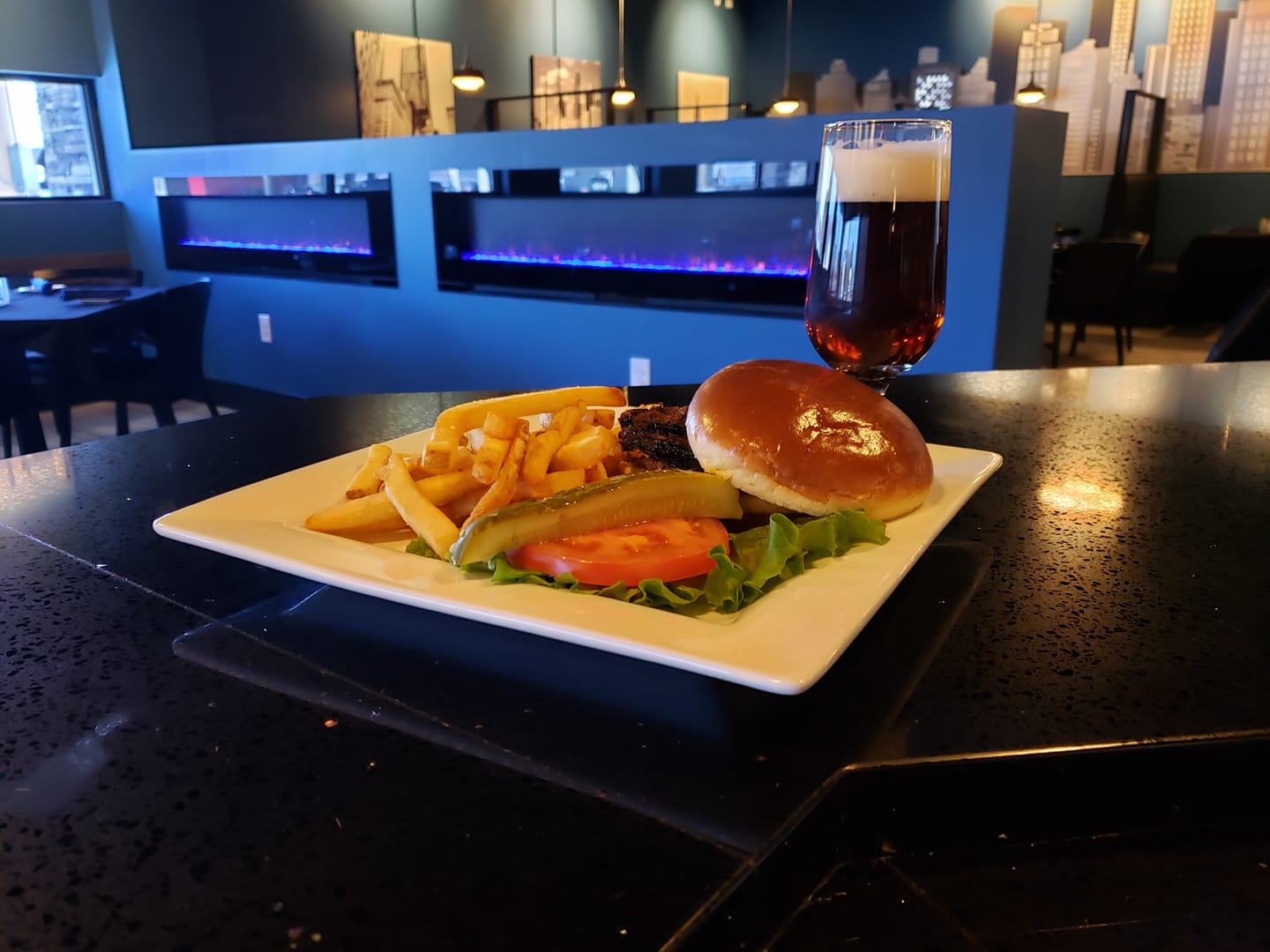 burger dinner plate and beer