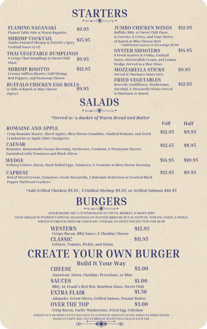 A list of menu items containing options for starters, salads and burgers.