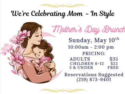 image of a mother and daughter hugging in pink with pink flowers. Contains text: We're celebrating mom in style. Mother's Day Brunch, Sunday, May 10th, 10am till 2pm, Prices and reservation info